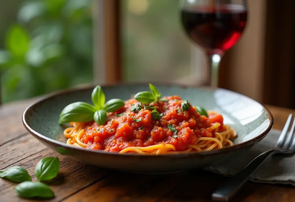 Macarrão alla Norma servido em mesa rústica