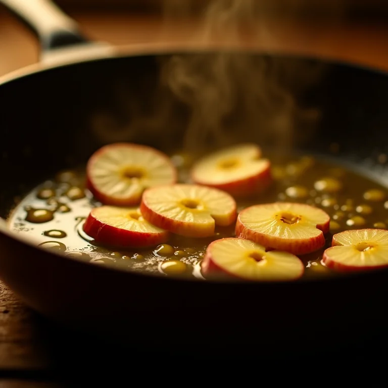 Maçãs sendo cozidas para o recheio da torta.