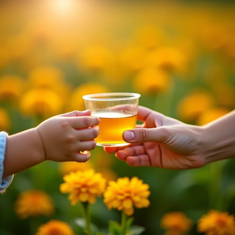 Mãe oferecendo chá de calêndula para criança em jardim ensolarado