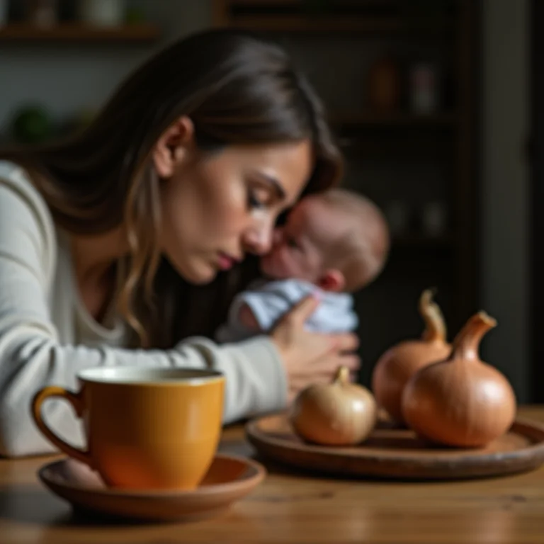 Mãe preocupada com seu bebê, pensando no chá de cebola como possível remédio.