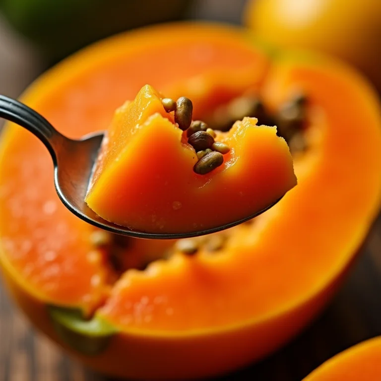 Mamão maduro sendo preparado para o pudim