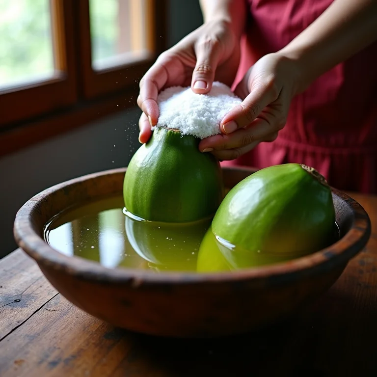 Mamão verde de molho para tirar o amargo