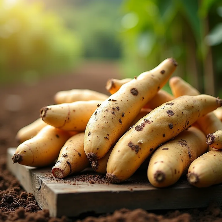 Mandiocas frescas colhidas em sítio brasileiro