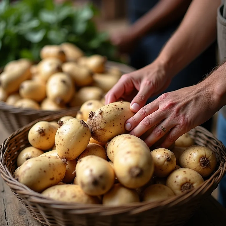 Mandiocas frescas sendo selecionadas em feira.