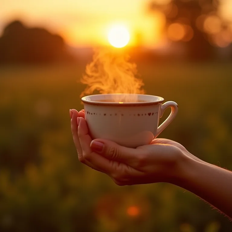 Mão de mulher segurando xícara de chá de orégano durante o pôr do sol.