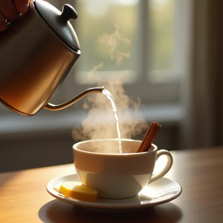 Mão despejando água quente em xícara com canela e limão.