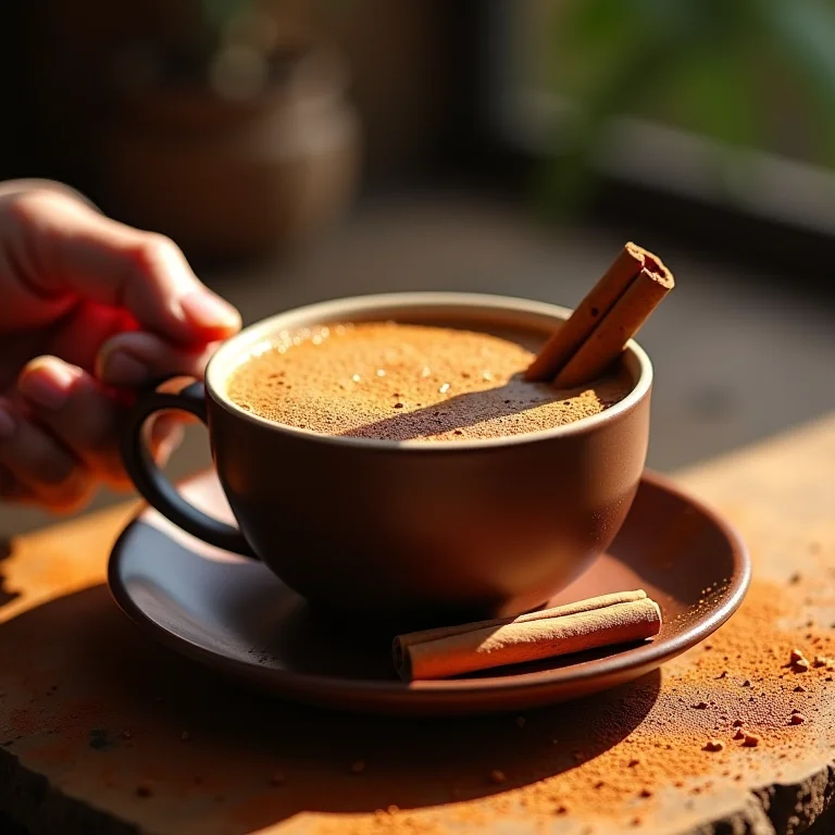 Mão mexendo chá de cupuaçu com canela.