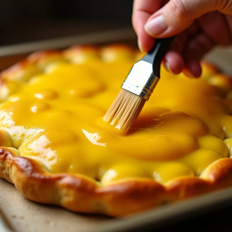 Mão pincelando gema de ovo sobre o Empadão Goiano para dourar antes de assar
