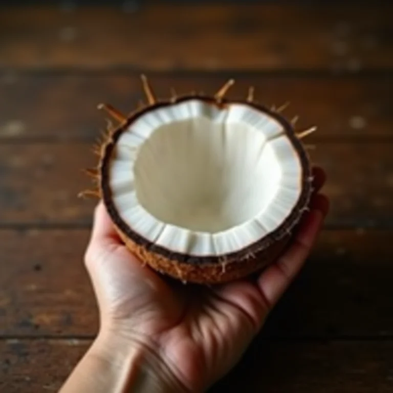 Mão segurando pedaço de coco fibroso.
