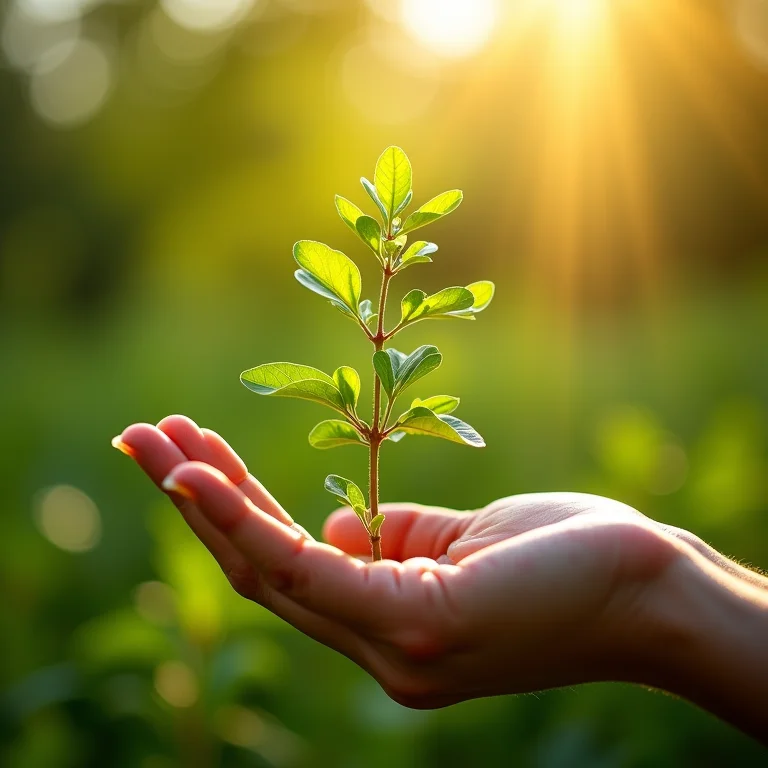 Mão segurando raminho de orégano fresco sob a luz do sol.