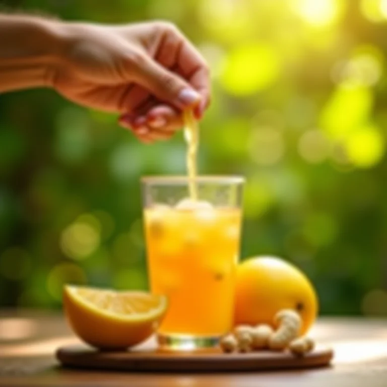 Mão servindo chá de caju com limão em um copo.