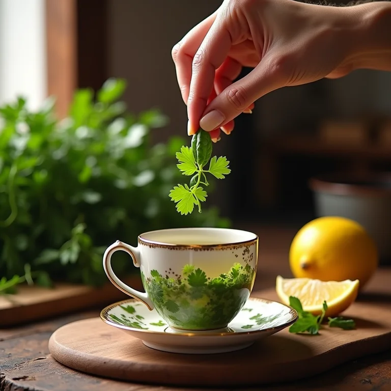 Mão servindo chá de coentro com limão