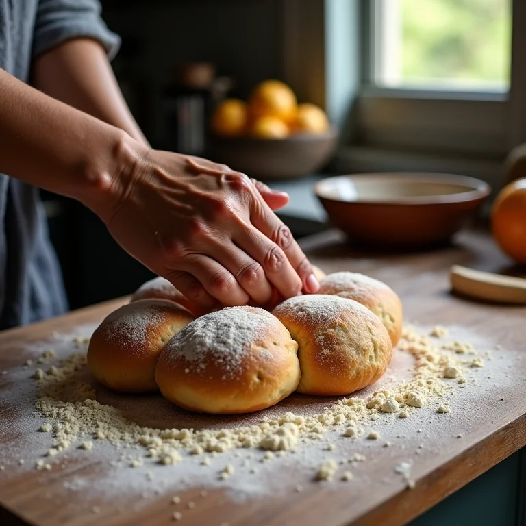 Mãos de uma senhora preparando a massa do biscoitão de roça.