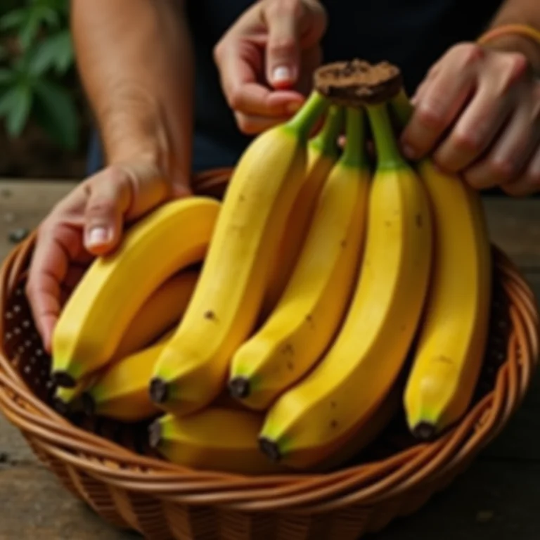 Mãos escolhendo bananas maduras em uma cesta de palha, prontas para a receita.