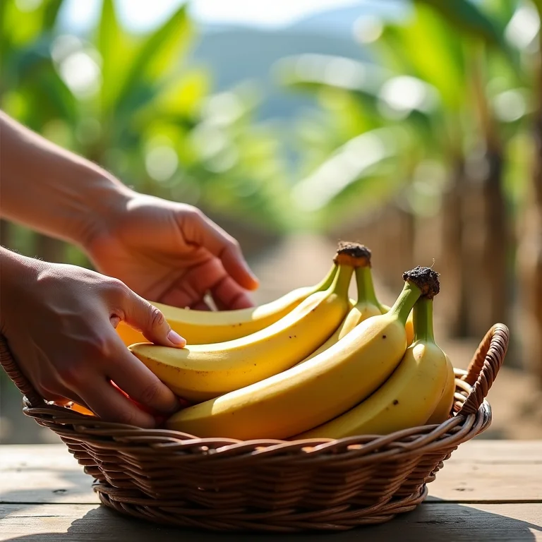 Mãos escolhendo bananas maduras.