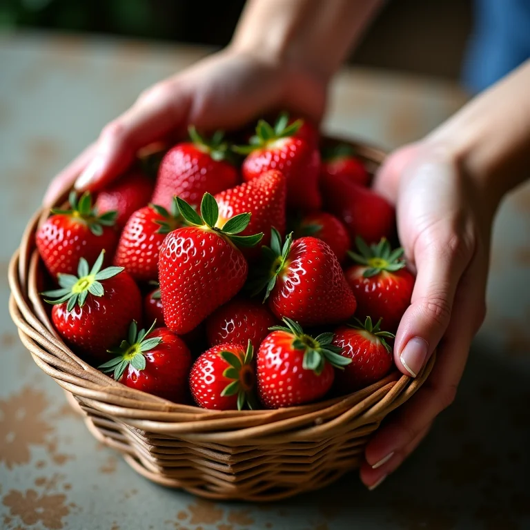 Mãos escolhendo morangos maduros para a torta