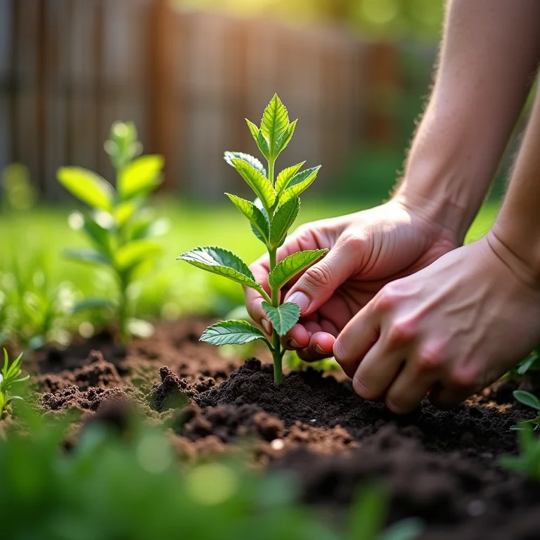 Mãos escolhendo um local ensolarado para o plantio de chicória.