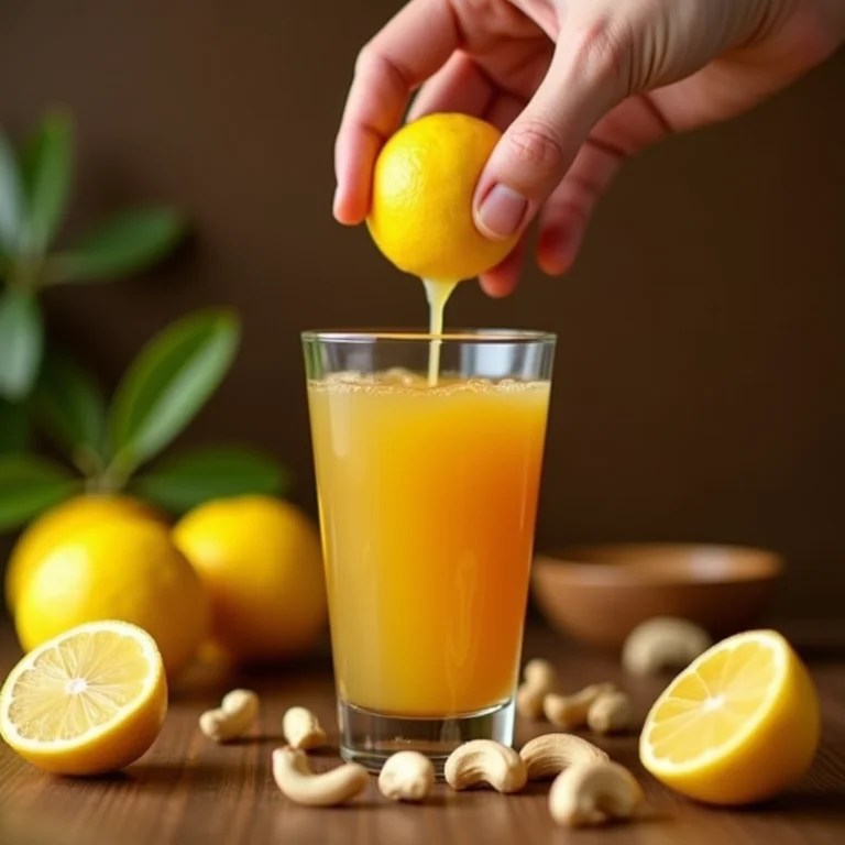 Mãos espremendo limão em chá de caju.