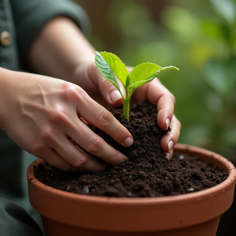 Mãos femininas misturando húmus de minhoca no plantio.