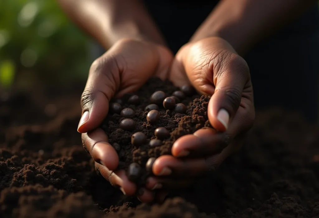 Mãos negras plantando sementes de feijão guandu
