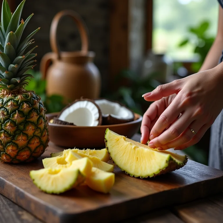 Mãos preparando chá de abacaxi com coco