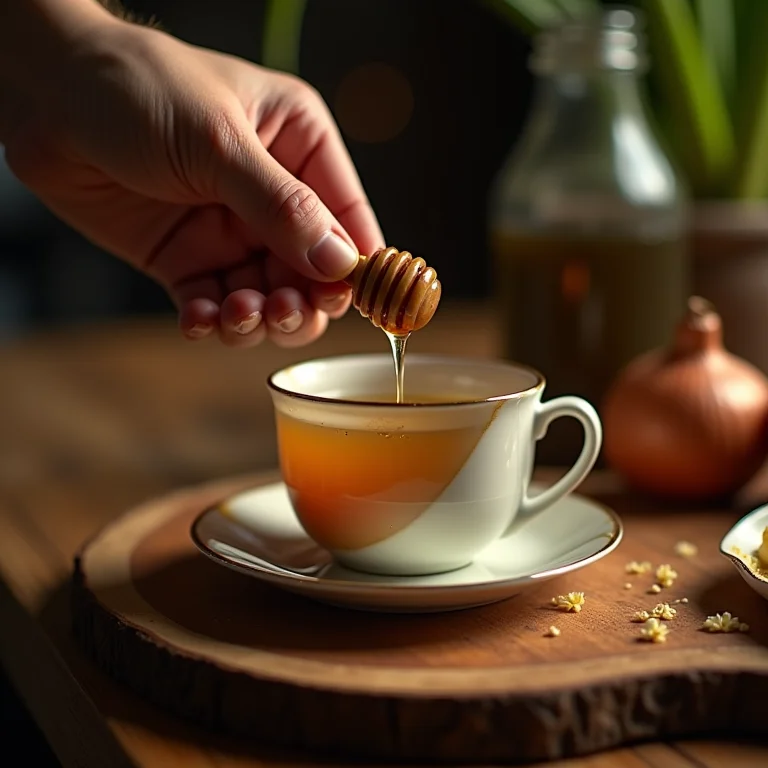 Mãos preparando chá de cebola com mel.