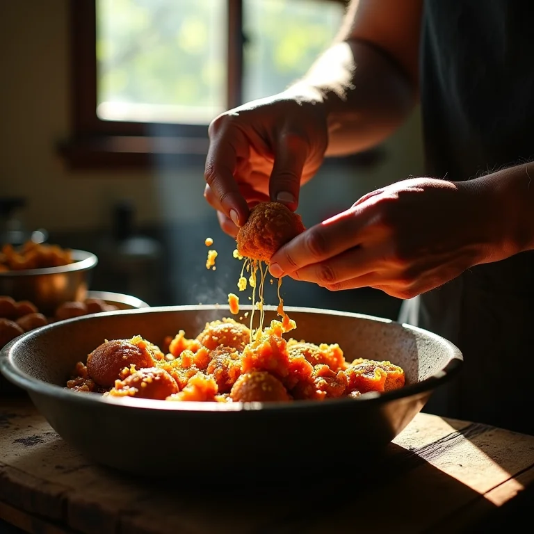 Mãos preparando o recheio do Empadão Goiano com ingredientes típicos da culinária indígena brasileira