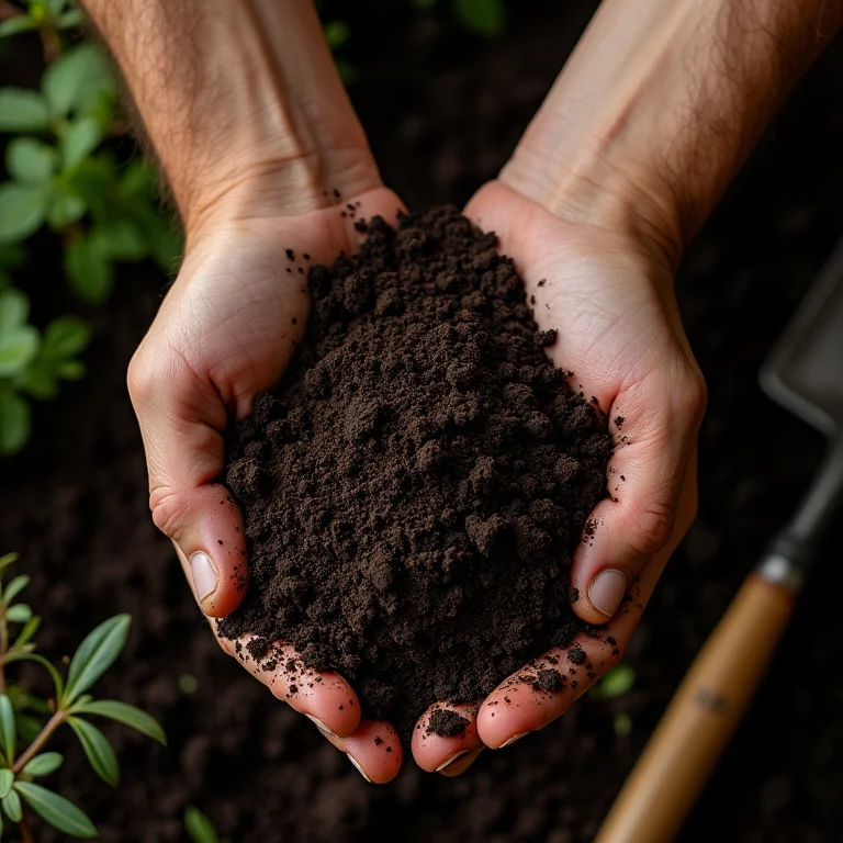Mãos preparando o solo para o plantio de urucum com composto orgânico.