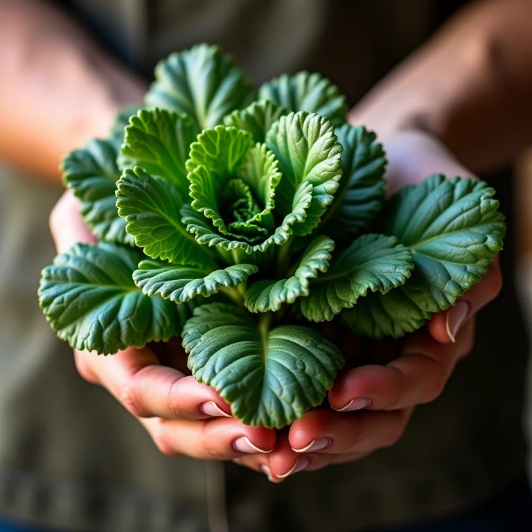 Mãos segurando folhas e talos de couve fresca