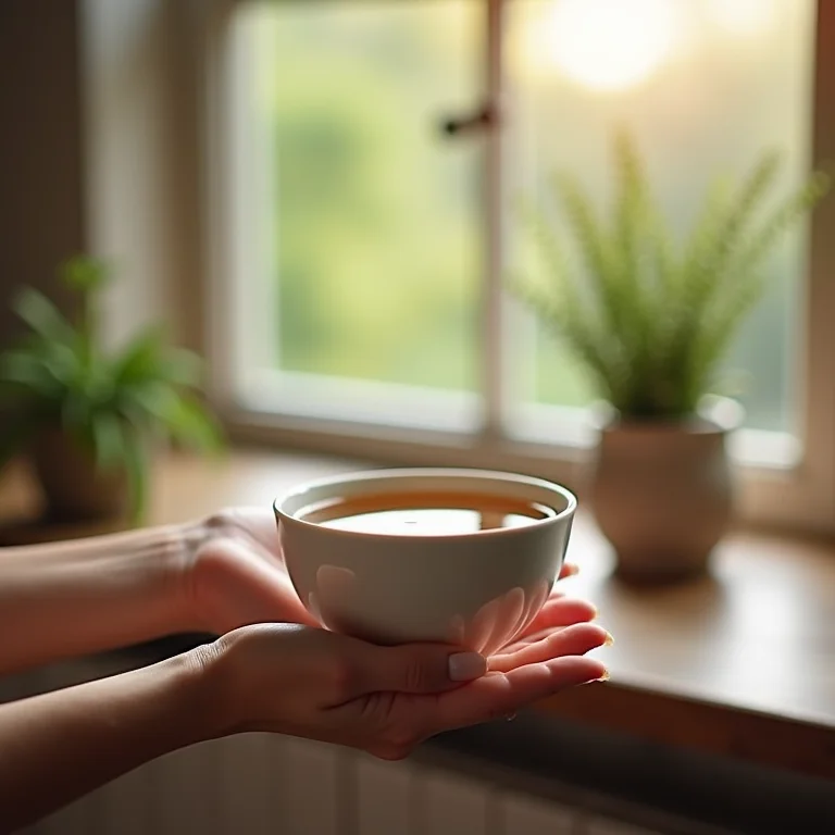 Mãos segurando xícara de chá de verbena para acalmar a mente.