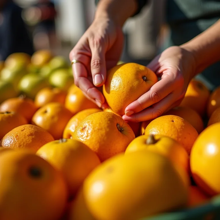 Mãos selecionando cajus frescos e maduros em um mercado local.