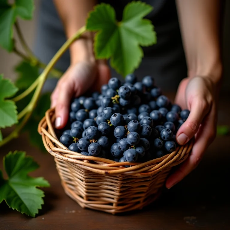 Mãos selecionando uvas pretas maduras para geleia caseira.