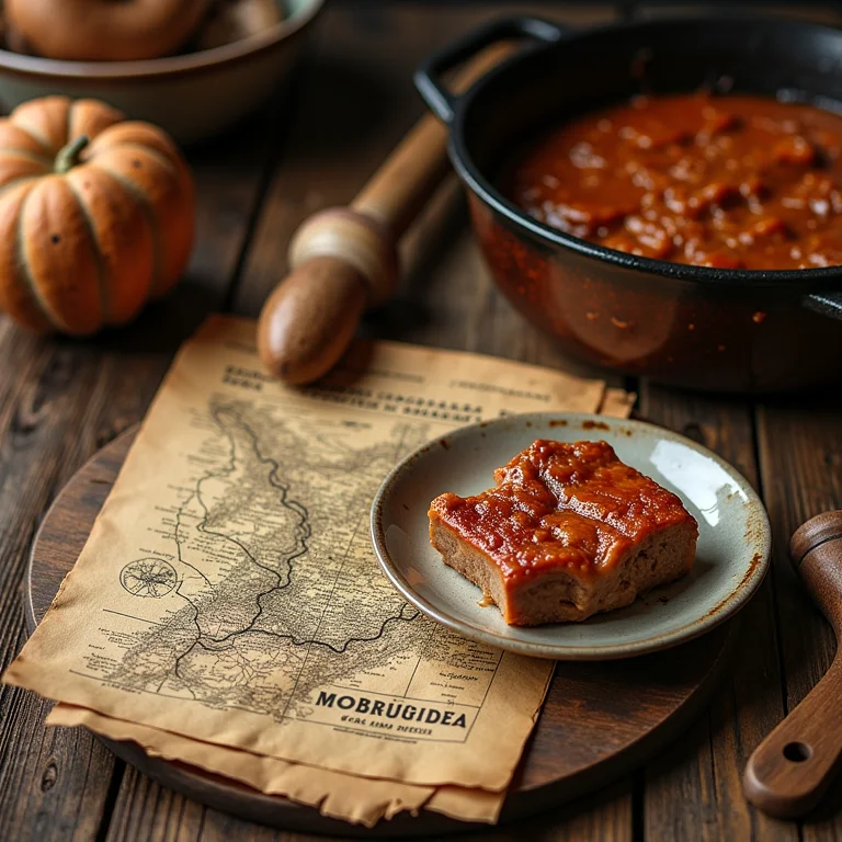 Mapa antigo do Caminho dos Tropeiros ao lado de utensílios de cozinha vintage e paçoca de carne seca.
