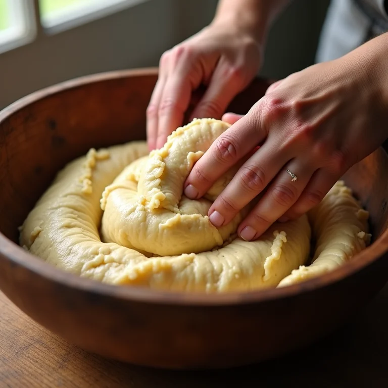 Massa do biscoitão de roça sendo amassada à mão, mostrando o ponto ideal.