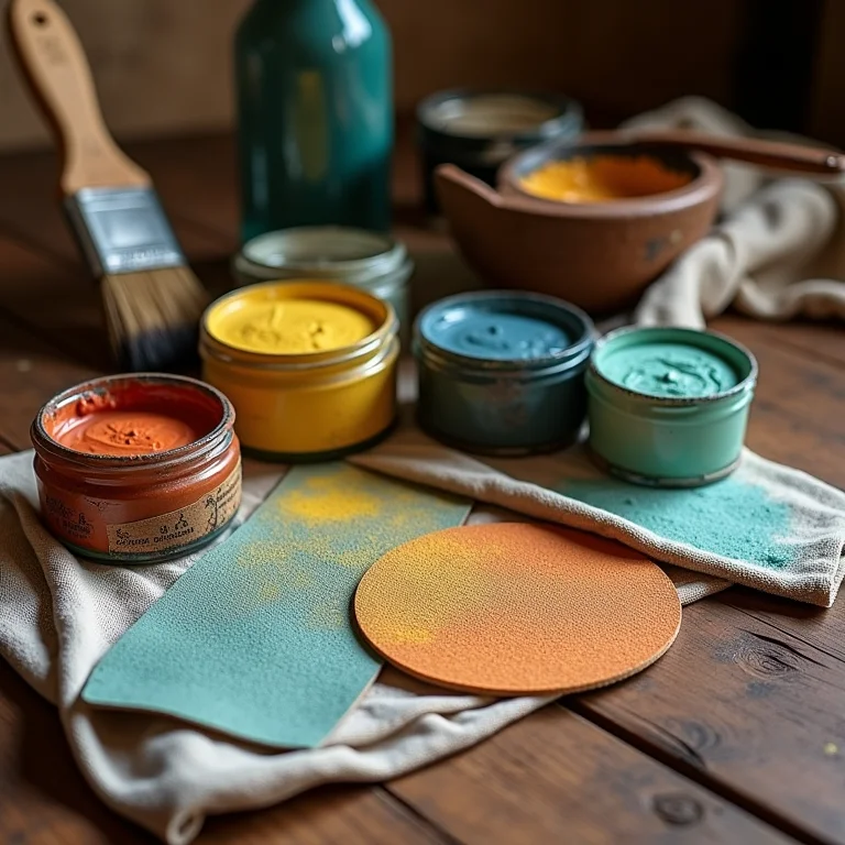 Materiais para criar pátina: lixas, pincéis, tintas.