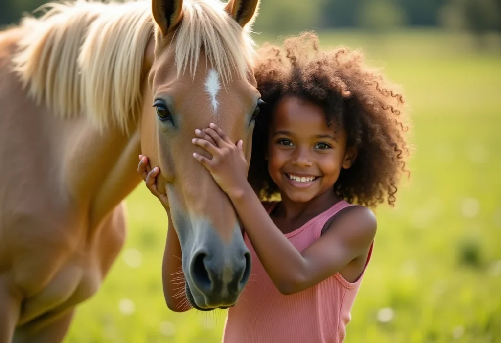 Menina negra abraçando cavalo em dia ensolarado
