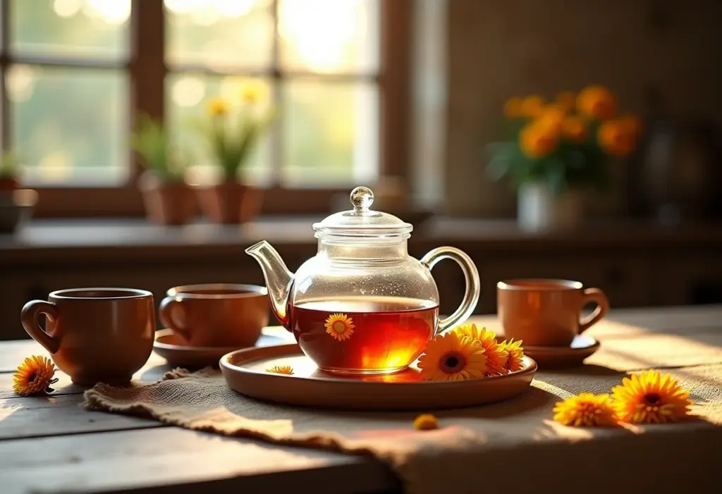 Mesa com chá de calêndula em ambiente rústico.