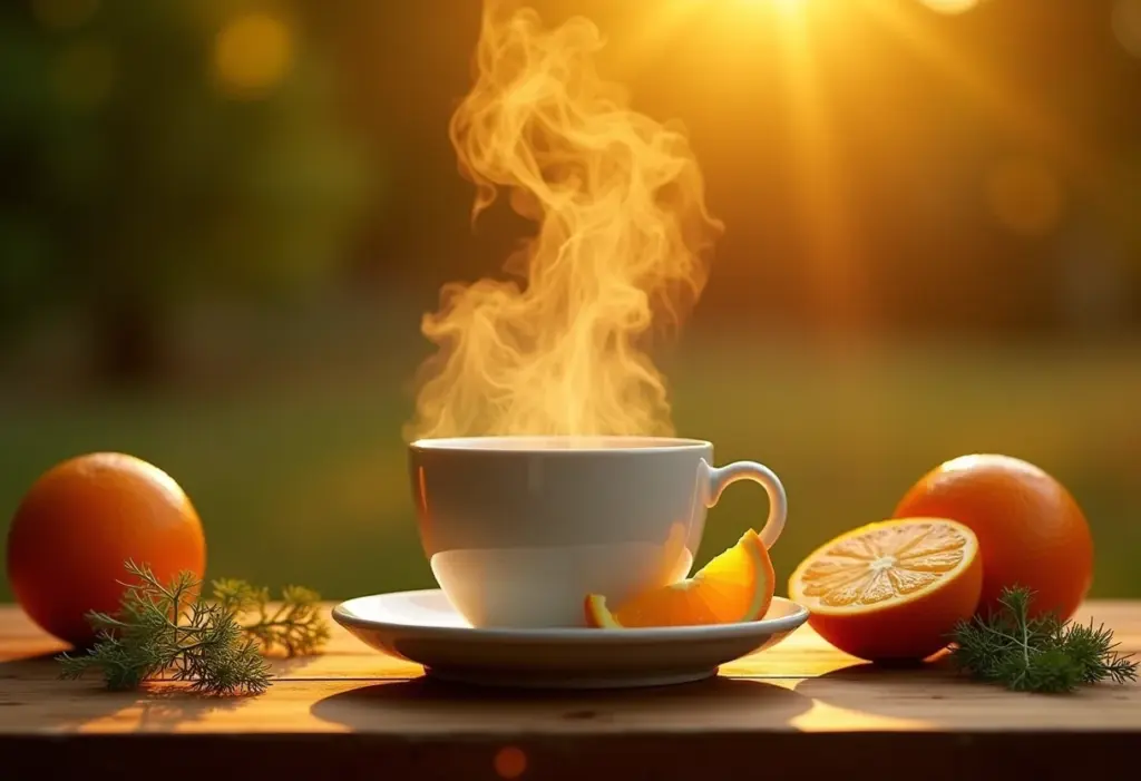Mesa com chá de erva doce e laranja