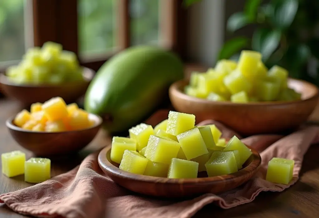 Mesa com doce de mamão verde cristalizado.