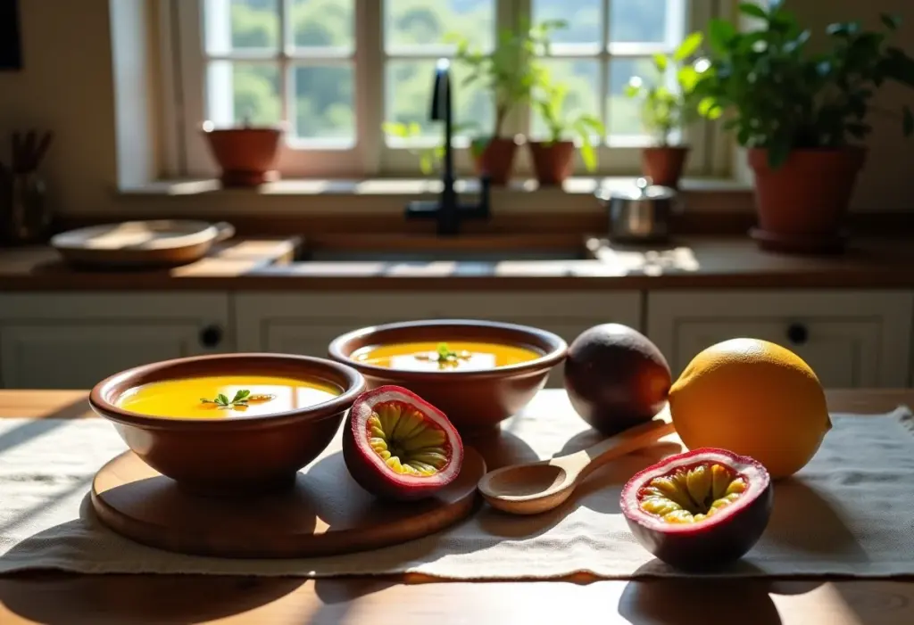 Mesa com sagu de maracujá e maracujás frescos.