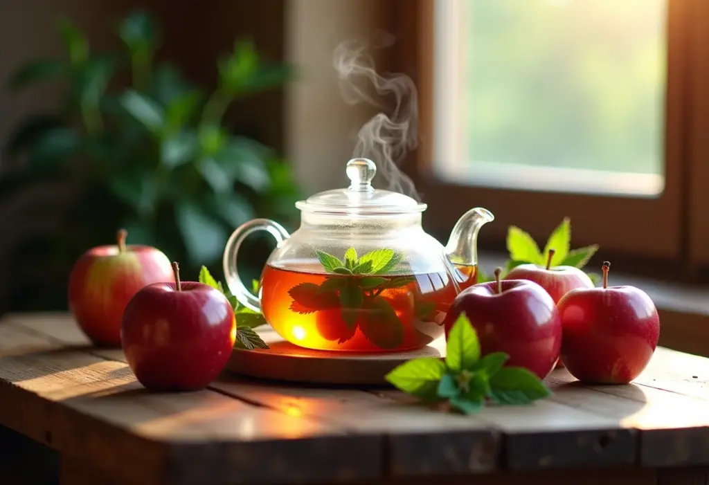 Mesa de chá rústica com chá de maçã e hortelã fumegante