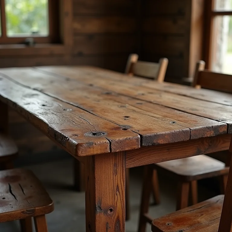 Mesa de madeira de demolição com cadeiras simples.