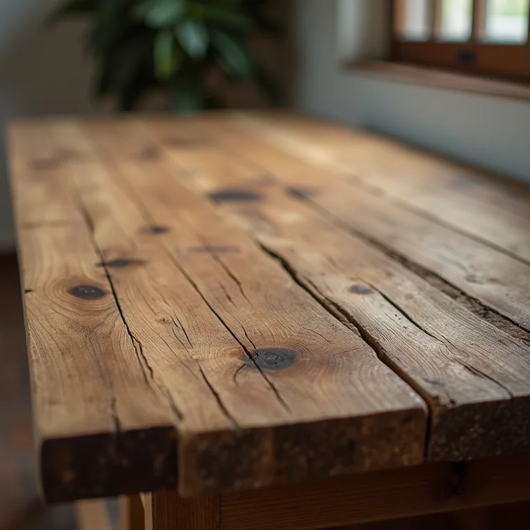 Mesa de madeira de demolição com detalhes únicos.