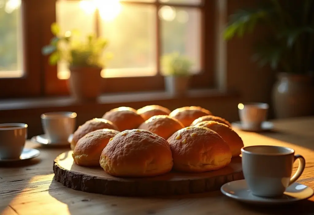 Mesa farta com biscoitão de roça gigante e café