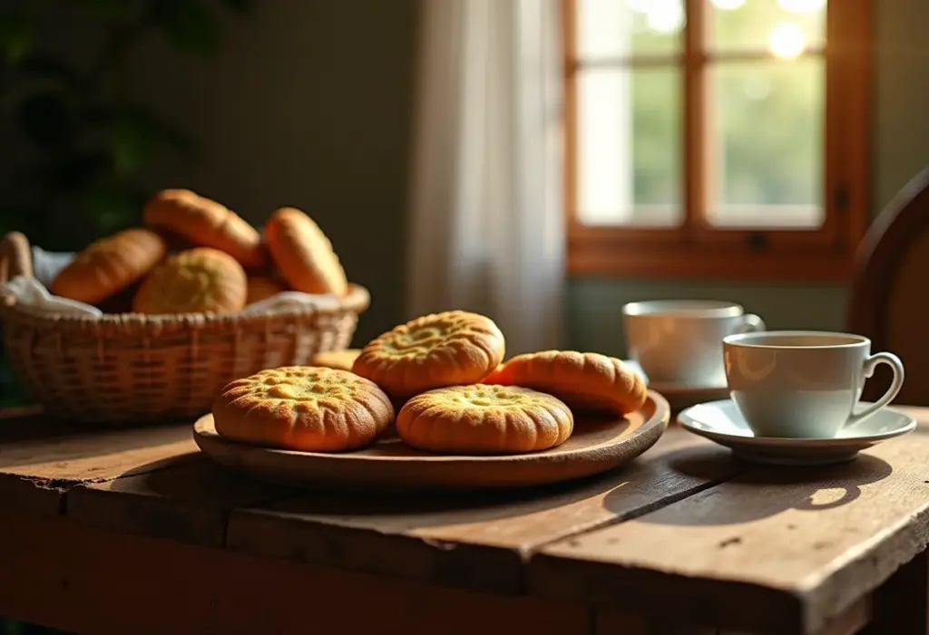 Mesa farta com biscoitões de roça, café e cesto de palha.