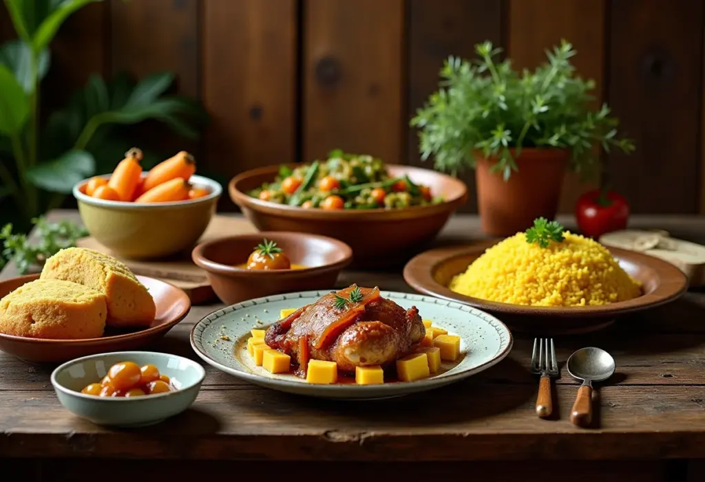 Mesa farta com comidas de fazenda antigas