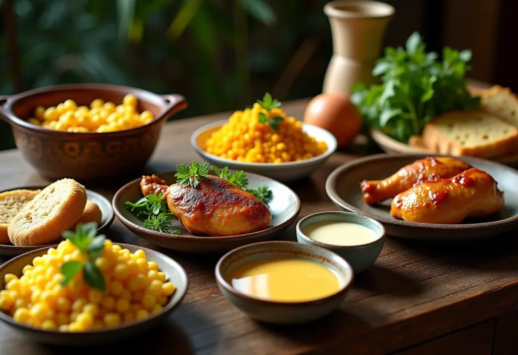Mesa farta com comidas de fazenda antigas, resgatando sabores da roça brasileira.