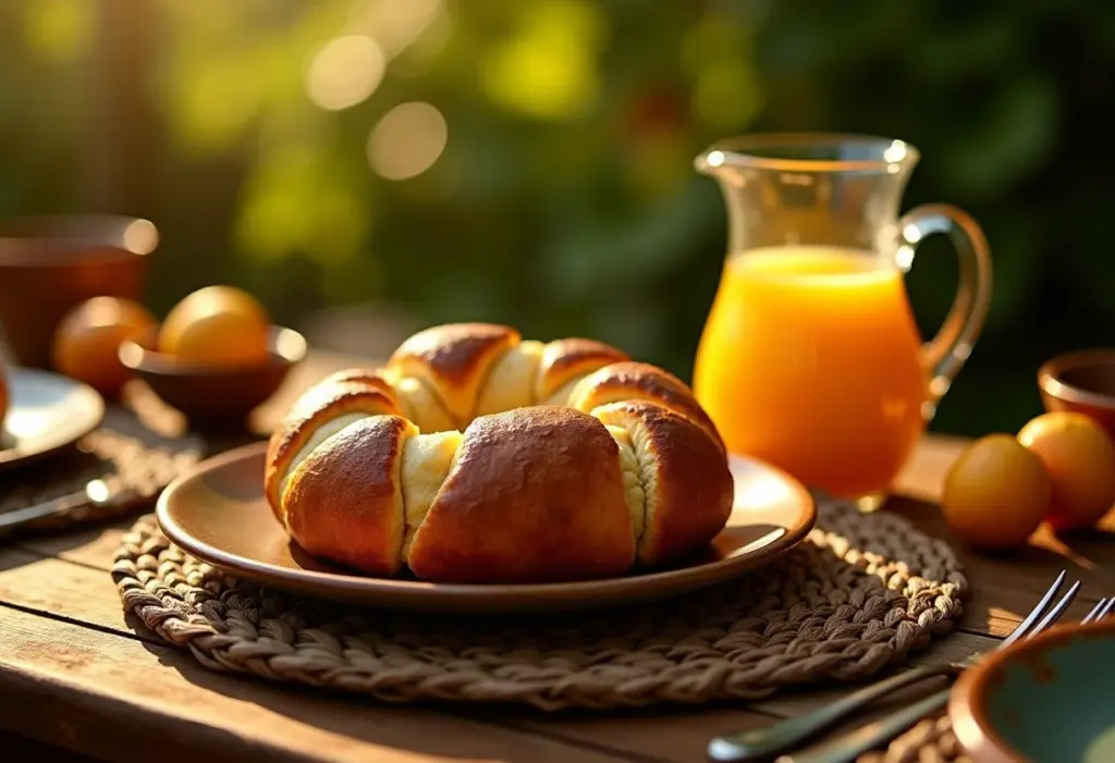 Mesa farta com Empadão Goiano recém-saído do forno, em ambiente rústico e aconchegante