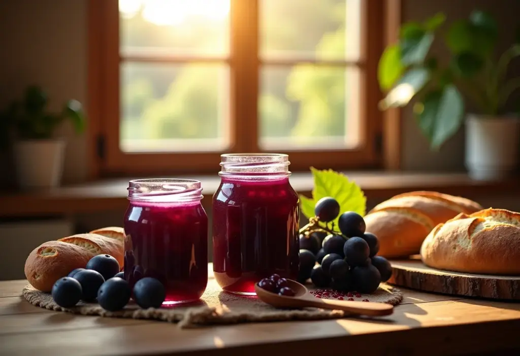Mesa farta com geleia de uva caseira, pães e uvas frescas.