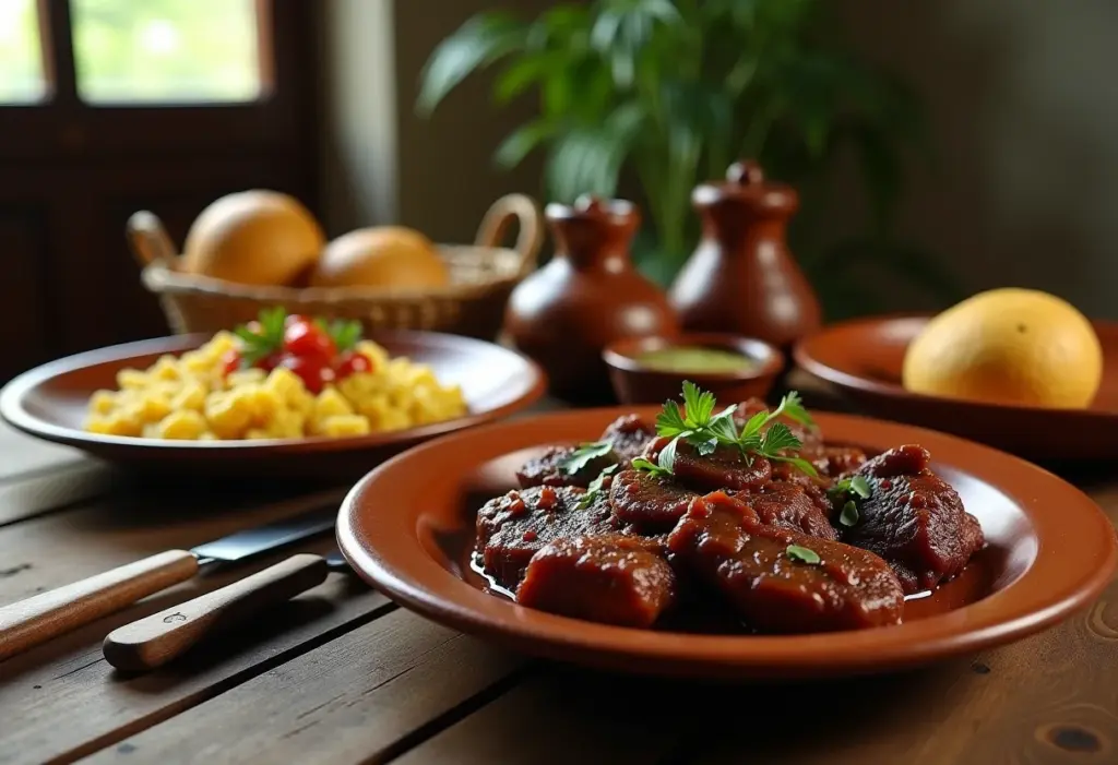 Paçoca de Carne Seca Cremosa: Segredo de Família Revelado! Mesa farta com paçoca de carne seca, prato típico do Nordeste.
